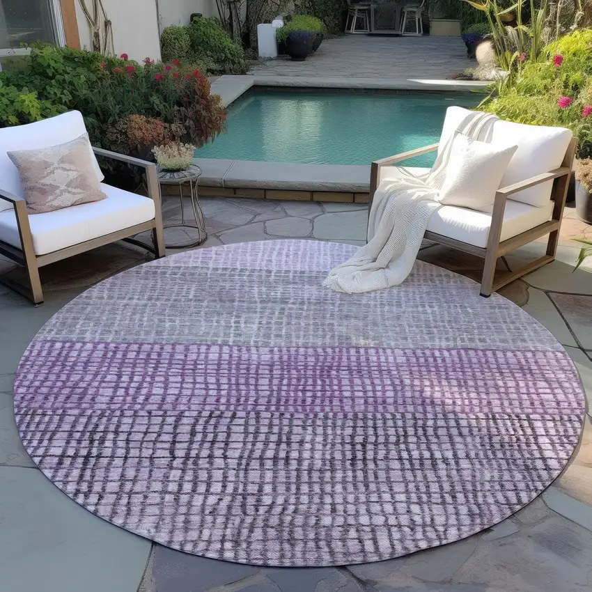 8' Plum And Gray Round Geometric Washable Indoor Outdoor Area Rug Photo 5