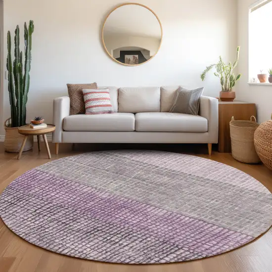 8' Plum And Gray Round Geometric Washable Indoor Outdoor Area Rug Photo 6