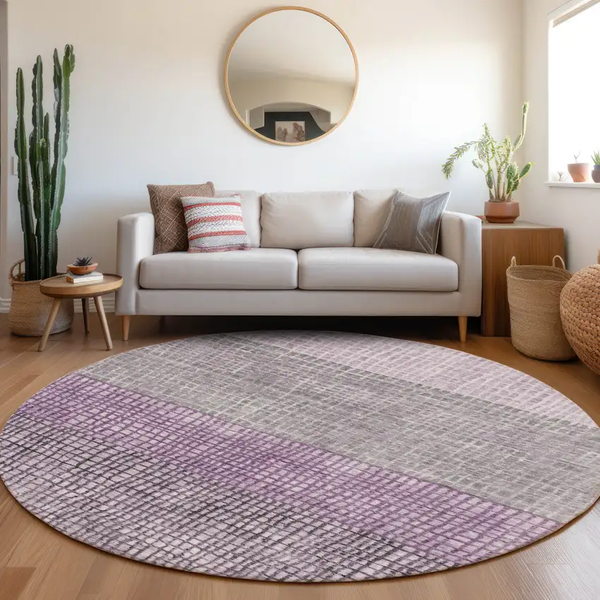 8' Plum And Gray Round Geometric Washable Indoor Outdoor Area Rug Photo 6