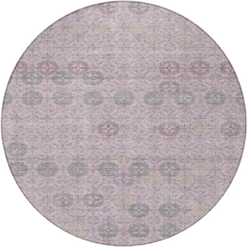 8' Plum And Gray Round Geometric Washable Indoor Outdoor Area Rug Photo 3
