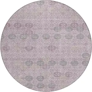 Photo of 8' Plum And Gray Round Geometric Washable Indoor Outdoor Area Rug