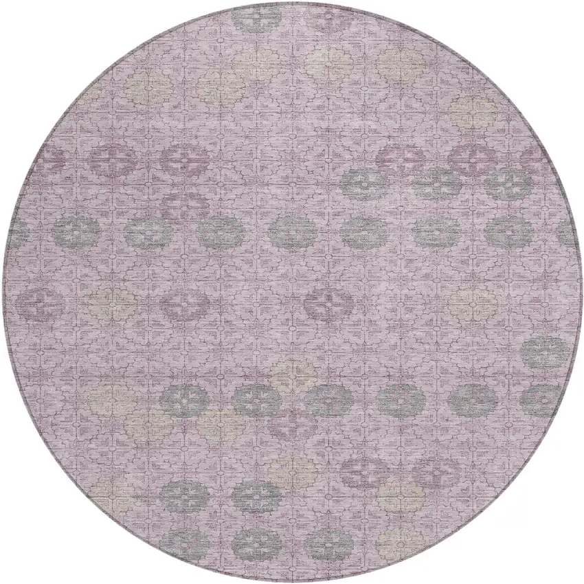 8' Plum And Gray Round Geometric Washable Indoor Outdoor Area Rug Photo 1