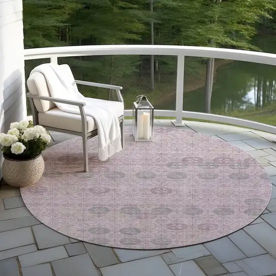 8' Plum And Gray Round Geometric Washable Indoor Outdoor Area Rug Photo 5