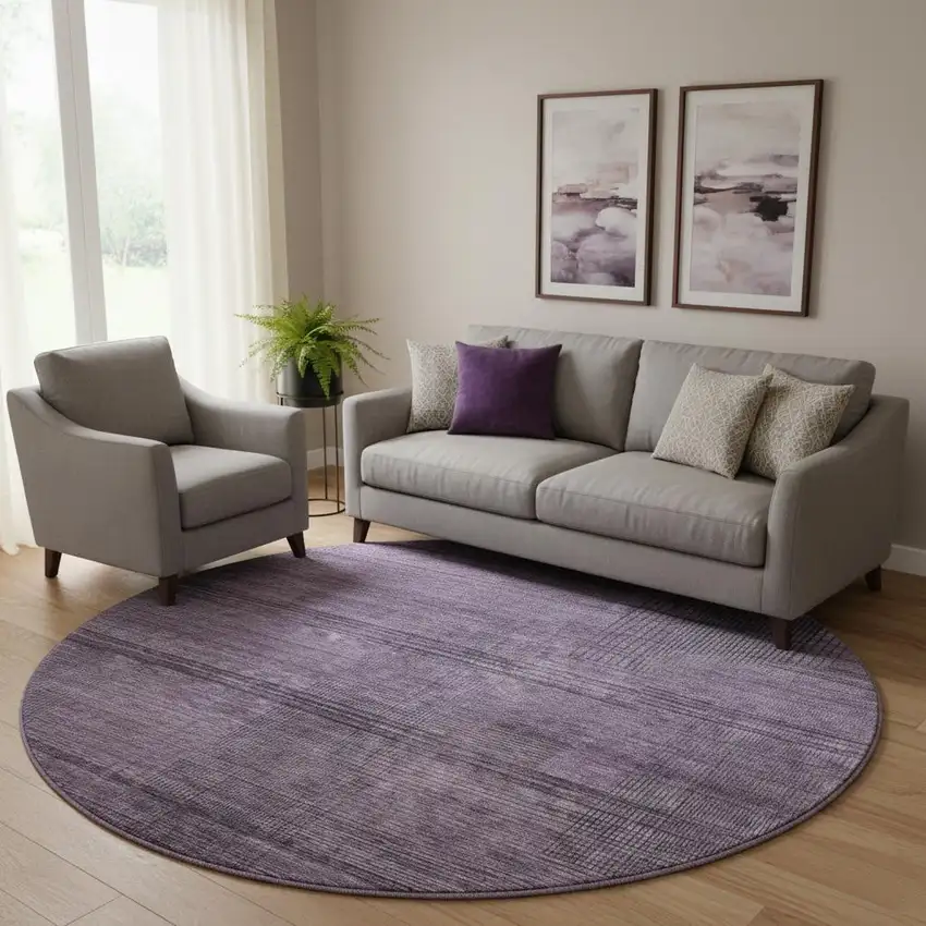 8' Plum And Gray Striped Washable Round Rug With UV Protection Photo 1