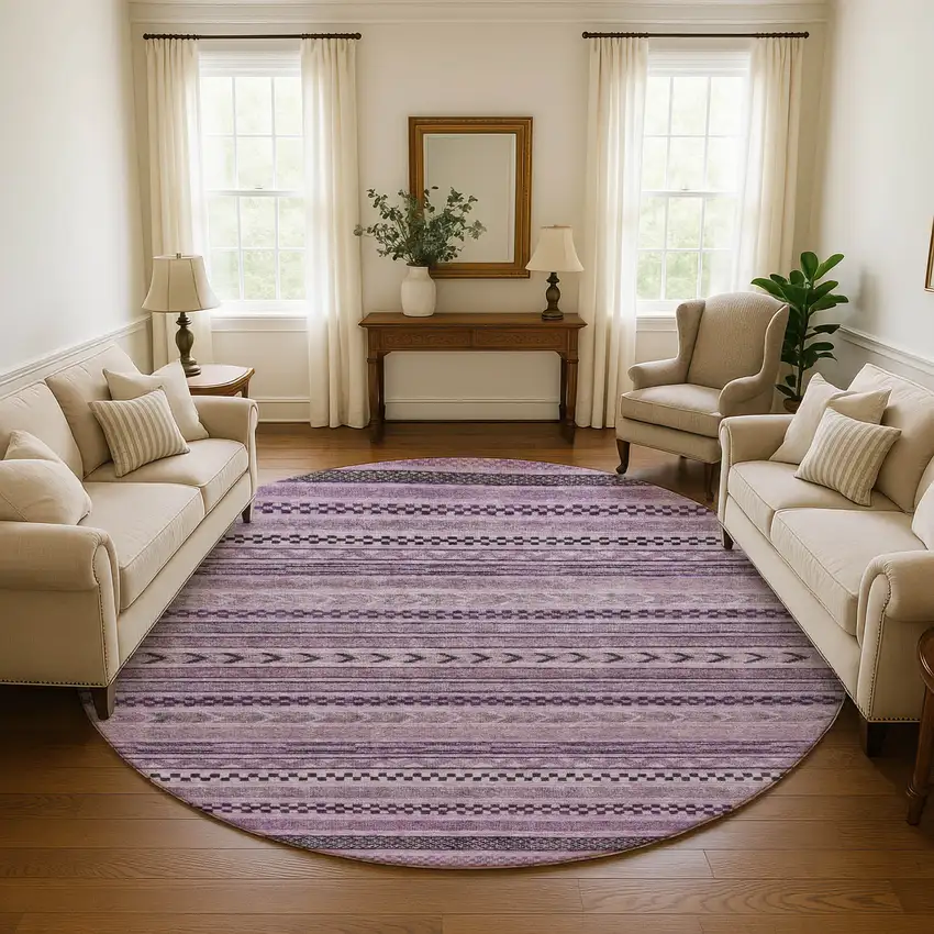 8' Plum And Gray Striped Washable Round Rug With UV Protection Photo 4