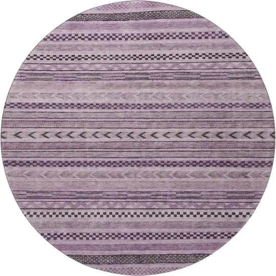 8' Plum And Gray Striped Washable Round Rug With UV Protection Photo 3