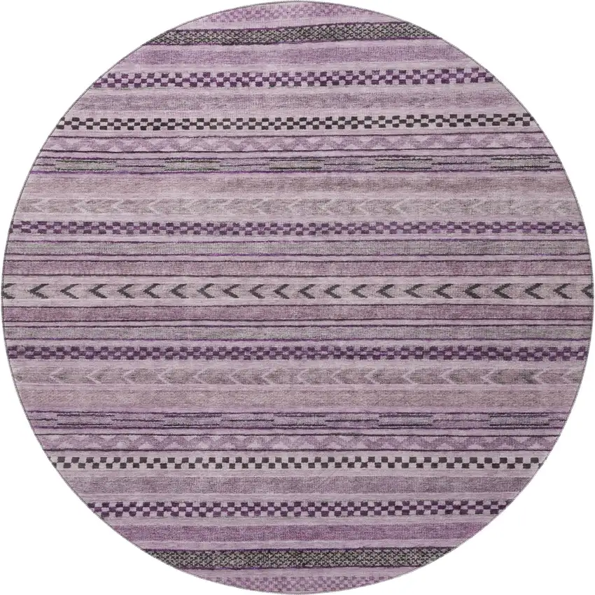 8' Plum And Gray Striped Washable Round Rug With UV Protection Photo 3