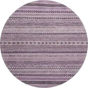 Photo of 8' Plum And Gray Striped Washable Round Rug With UV Protection