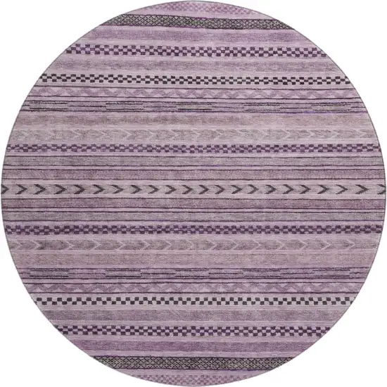 8' Plum And Gray Striped Washable Round Rug With UV Protection Photo 1