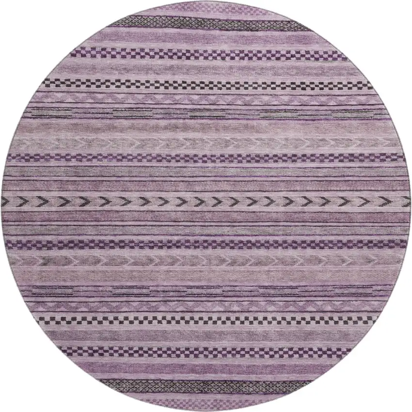 8' Plum And Gray Striped Washable Round Rug With UV Protection Photo 1