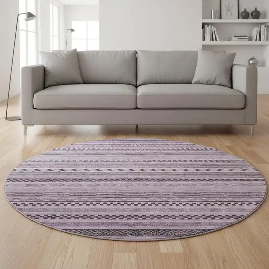 8' Plum And Gray Striped Washable Round Rug With UV Protection Photo 2