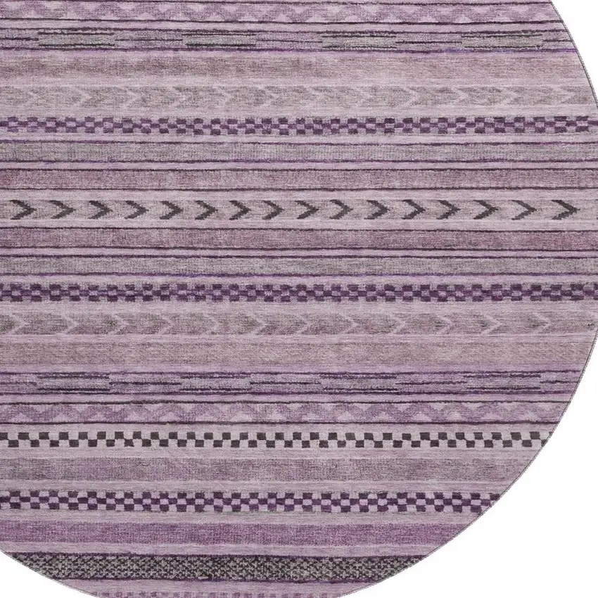 8' Plum And Gray Striped Washable Round Rug With UV Protection Photo 2