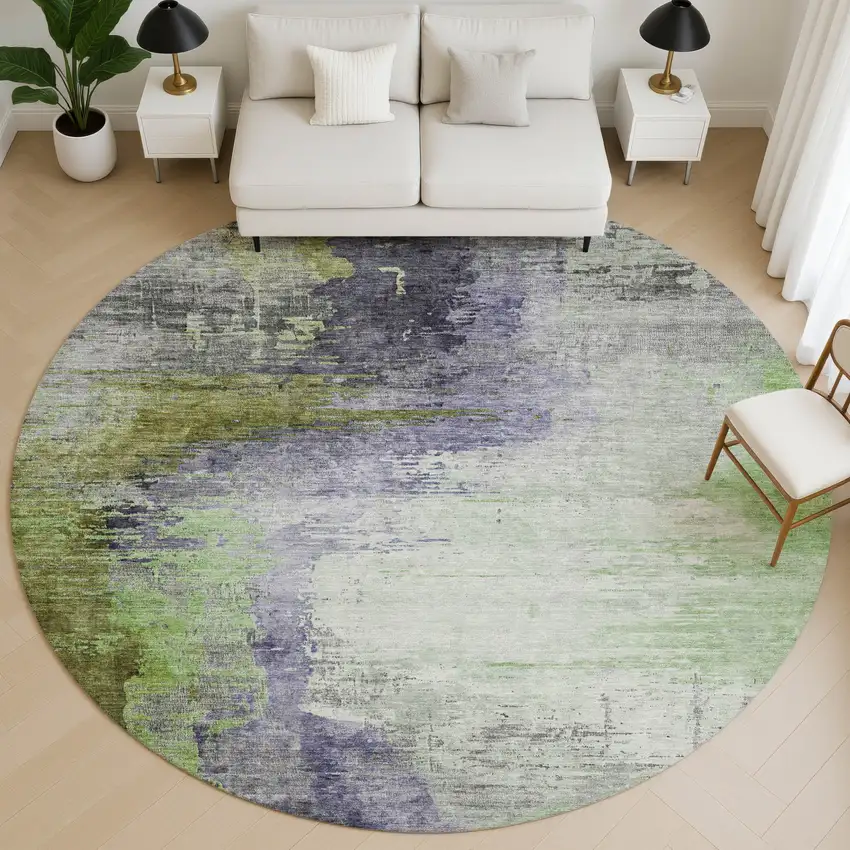 8' Plum And Green Abstract Washable Round Rug With UV Protection Photo 5