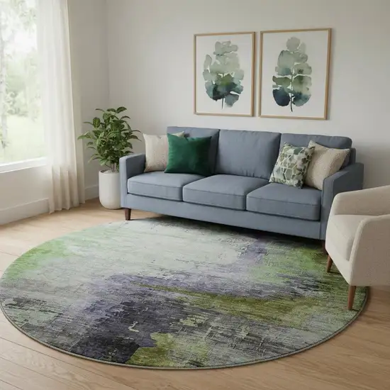 8' Plum And Green Abstract Washable Round Rug With UV Protection Photo 2