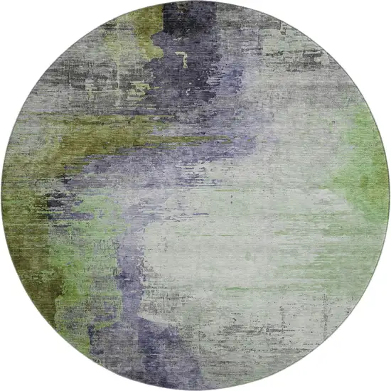 8' Plum And Green Abstract Washable Round Rug With UV Protection Photo 1