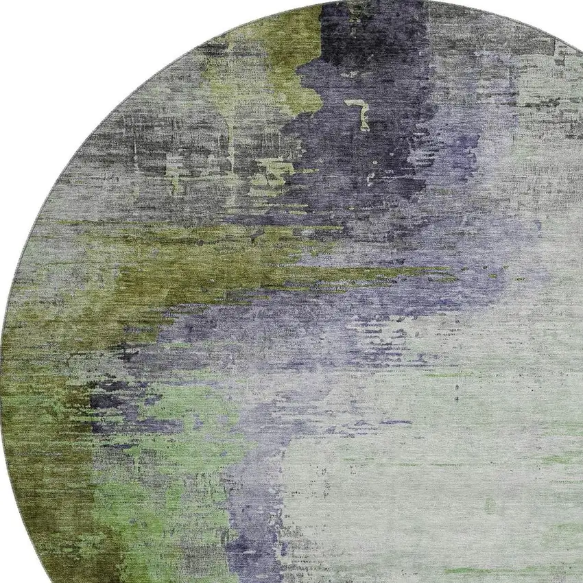 8' Plum And Green Abstract Washable Round Rug With UV Protection Photo 3