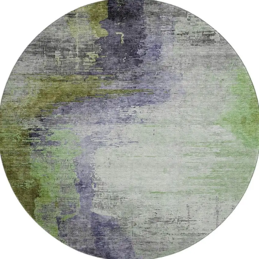 8' Plum And Green Abstract Washable Round Rug With UV Protection Photo 4