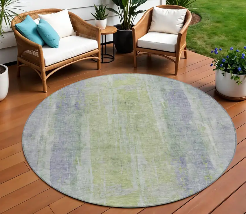 8' Plum And Green Round Abstract Washable Indoor Outdoor Area Rug Photo 1