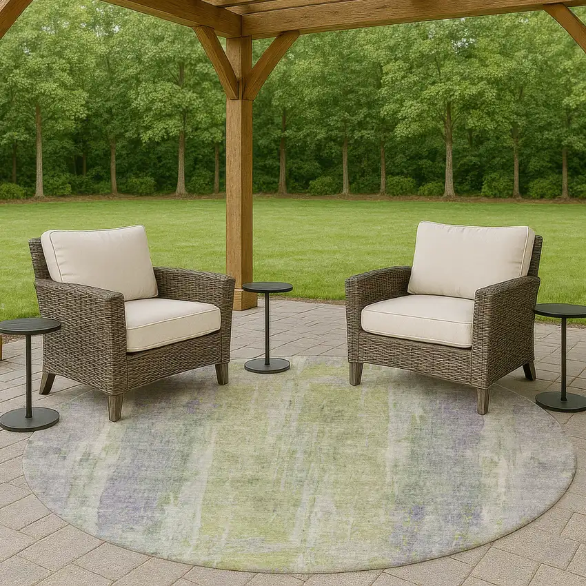 8' Plum And Green Round Abstract Washable Indoor Outdoor Area Rug Photo 8