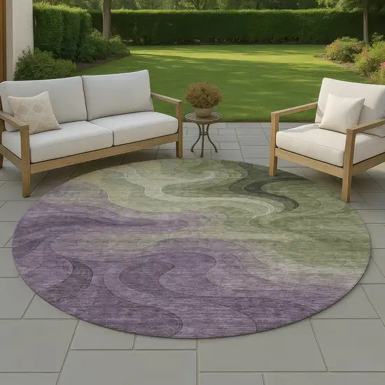 8' Plum And Green Round Abstract Washable Indoor Outdoor Area Rug Photo 4