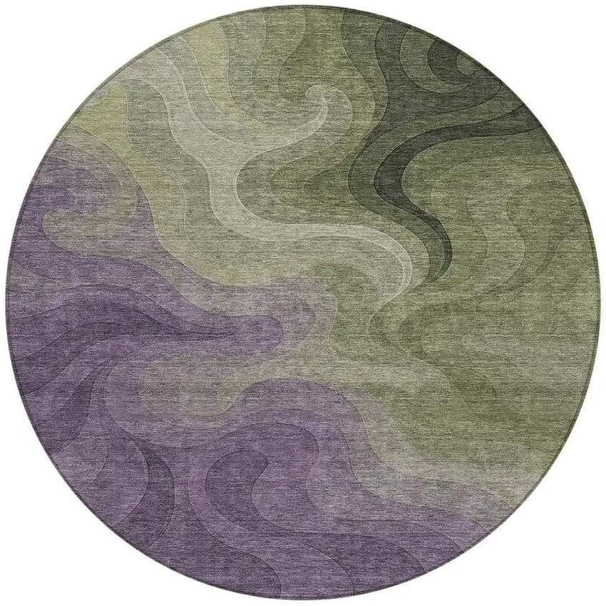 8' Plum And Green Round Abstract Washable Indoor Outdoor Area Rug Photo 3