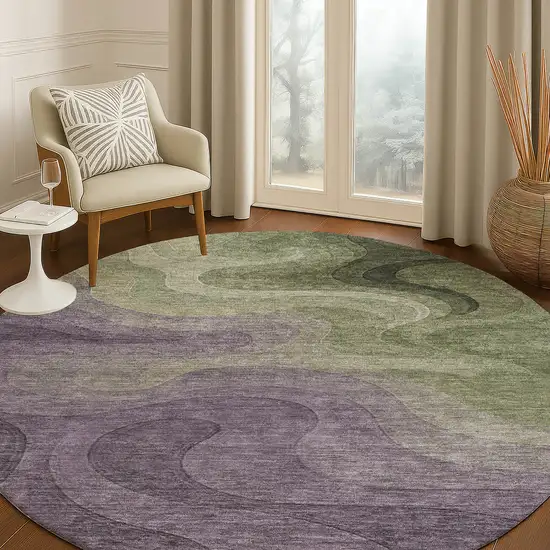 8' Plum And Green Round Abstract Washable Indoor Outdoor Area Rug Photo 5