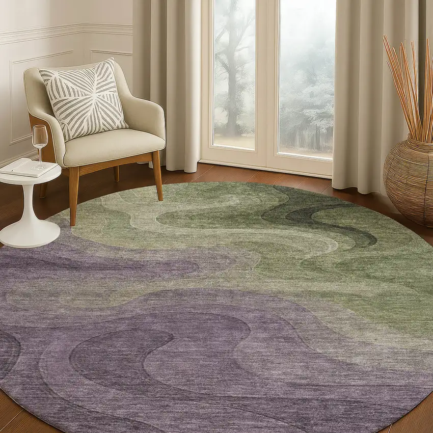 8' Plum And Green Round Abstract Washable Indoor Outdoor Area Rug Photo 5