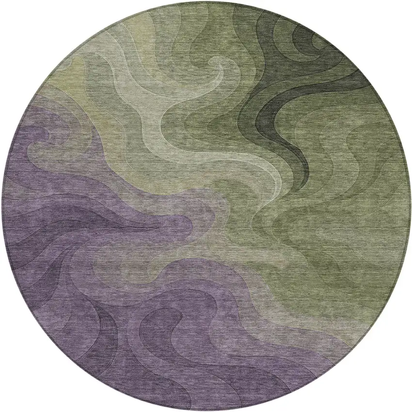 8' Plum And Green Round Abstract Washable Indoor Outdoor Area Rug Photo 1