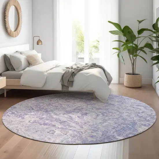 8' Plum And Ivory Abstract Washable Round Rug With UV Protection Photo 5
