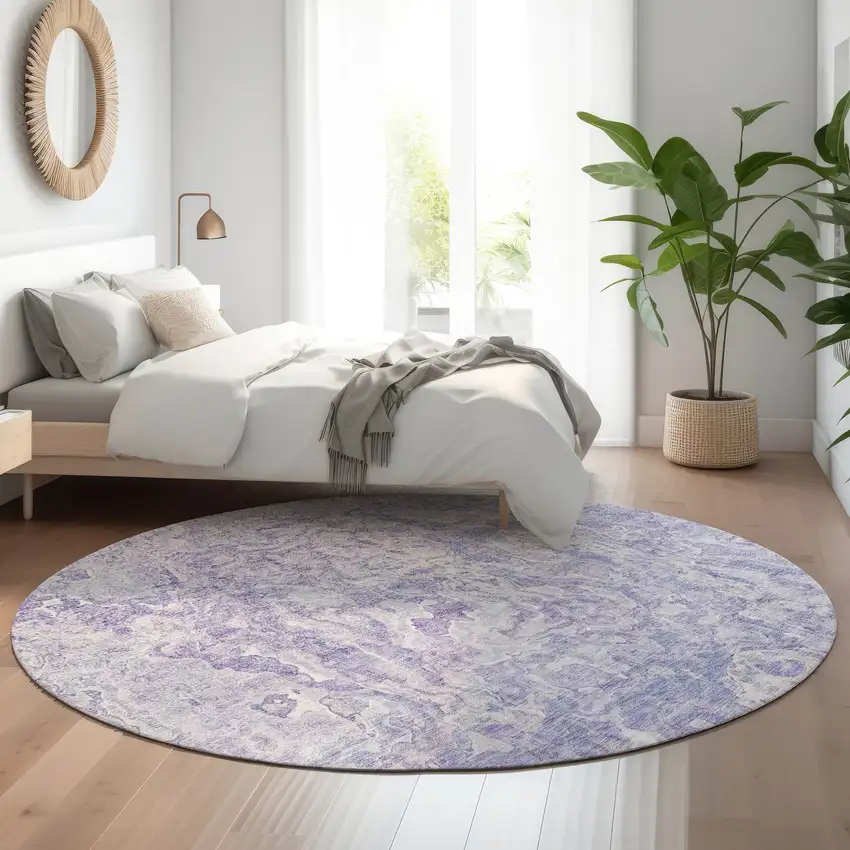 8' Plum And Ivory Abstract Washable Round Rug With UV Protection Photo 5