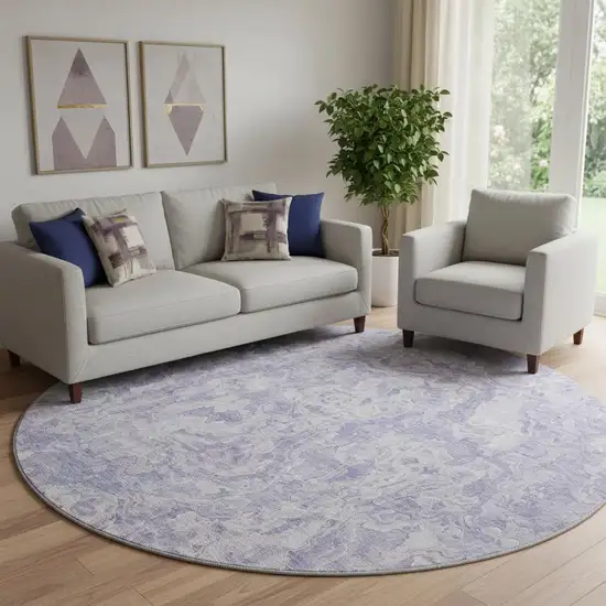 8' Plum And Ivory Abstract Washable Round Rug With UV Protection Photo 1
