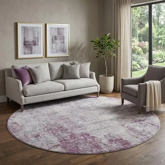 8' Plum And Ivory Abstract Washable Round Rug With UV Protection Photo 1