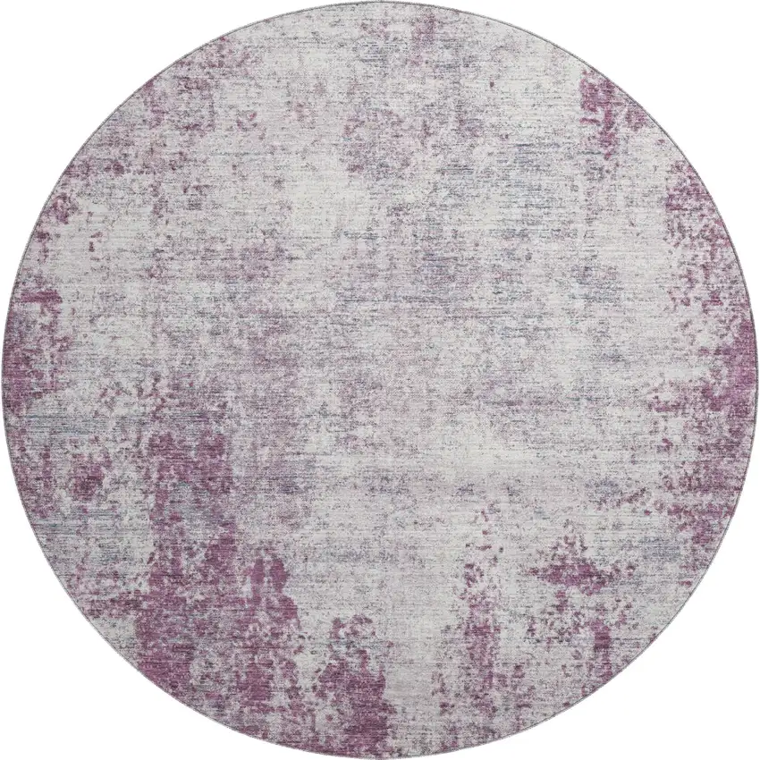 8' Plum And Ivory Abstract Washable Round Rug With UV Protection Photo 1