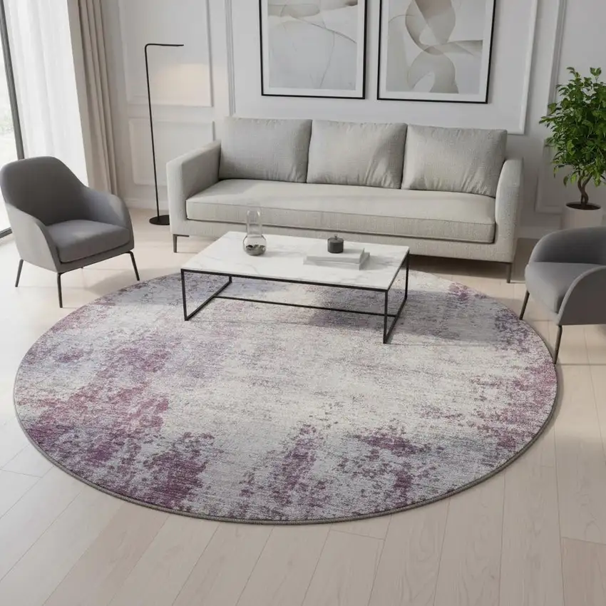 8' Plum And Ivory Abstract Washable Round Rug With UV Protection Photo 2