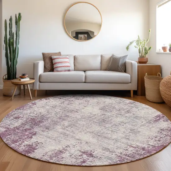 8' Plum And Ivory Abstract Washable Round Rug With UV Protection Photo 4