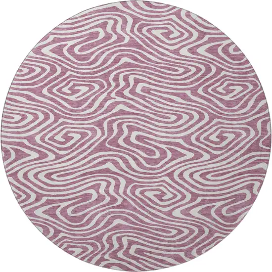 8' Plum And Ivory Abstract Washable Round Rug With UV Protection Photo 3