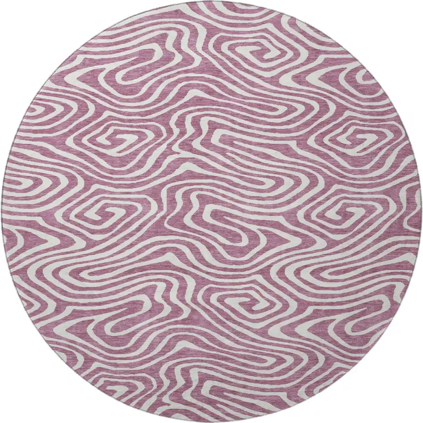 8' Plum And Ivory Abstract Washable Round Rug With UV Protection Photo 3