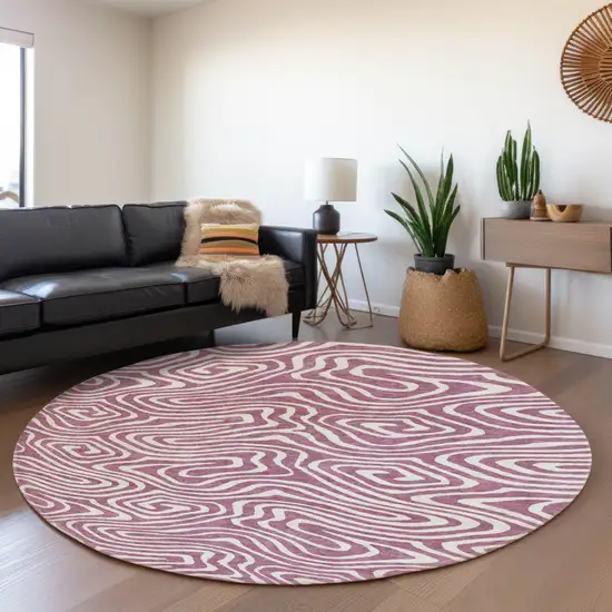 8' Plum And Ivory Abstract Washable Round Rug With UV Protection Photo 4