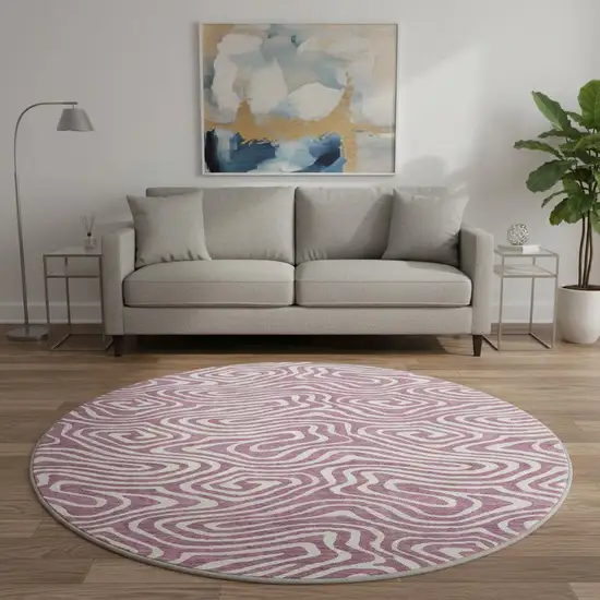 8' Plum And Ivory Abstract Washable Round Rug With UV Protection Photo 2