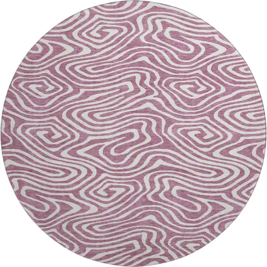 8' Plum And Ivory Abstract Washable Round Rug With UV Protection Photo 1