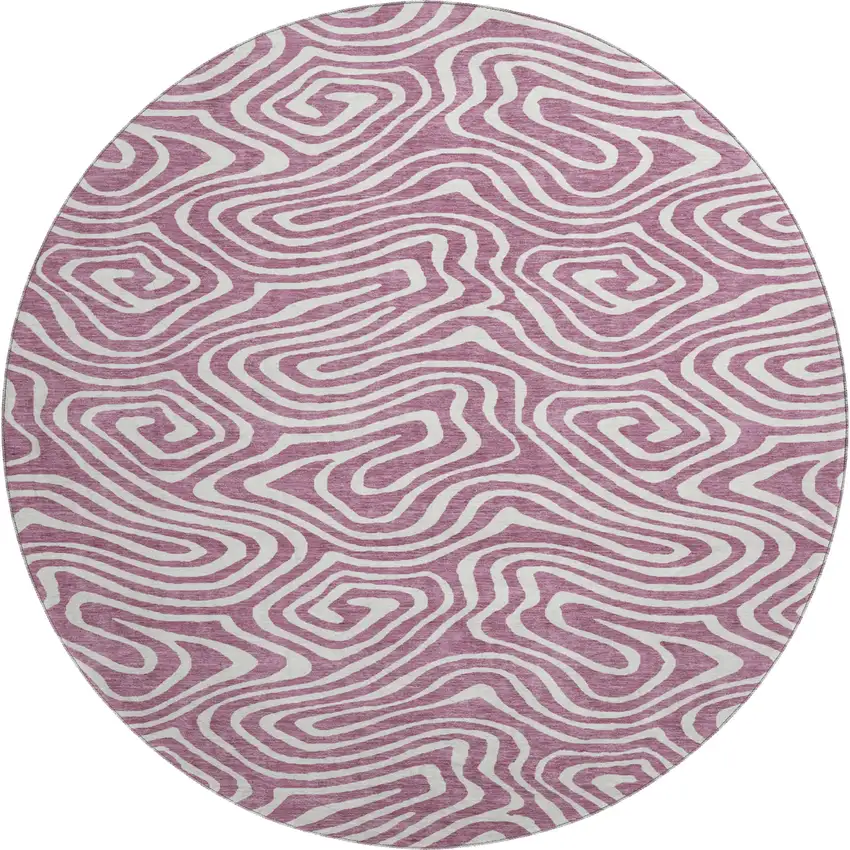 8' Plum And Ivory Abstract Washable Round Rug With UV Protection Photo 1