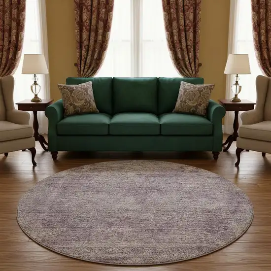 8' Plum And Ivory Abstract Washable Round Rug With UV Protection Photo 2