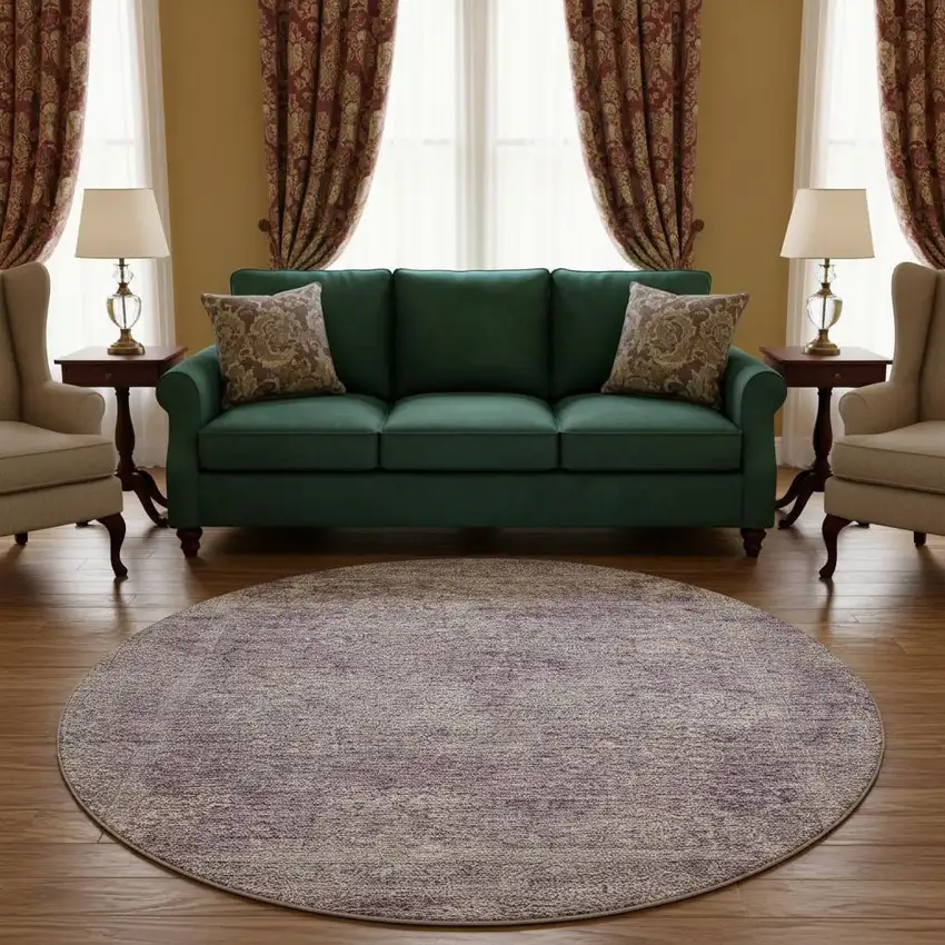 8' Plum And Ivory Abstract Washable Round Rug With UV Protection Photo 2