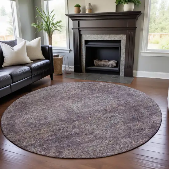 8' Plum And Ivory Abstract Washable Round Rug With UV Protection Photo 5