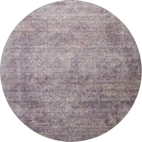 8' Plum And Ivory Abstract Washable Round Rug With UV Protection Photo 3