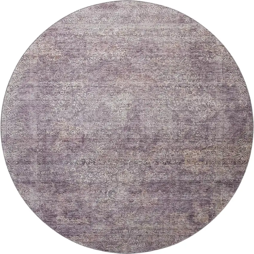 8' Plum And Ivory Abstract Washable Round Rug With UV Protection Photo 3