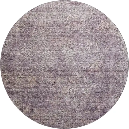 8' Plum And Ivory Abstract Washable Round Rug With UV Protection Photo 1