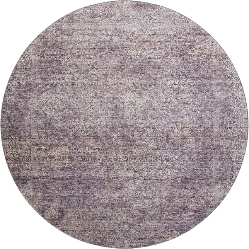 8' Plum And Ivory Abstract Washable Round Rug With UV Protection Photo 1