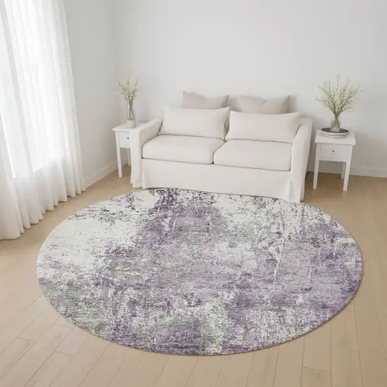 8' Plum And Ivory Abstract Washable Round Rug With UV Protection Photo 4