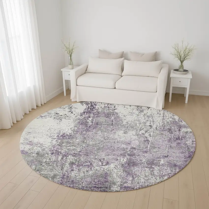 8' Plum And Ivory Abstract Washable Round Rug With UV Protection Photo 4